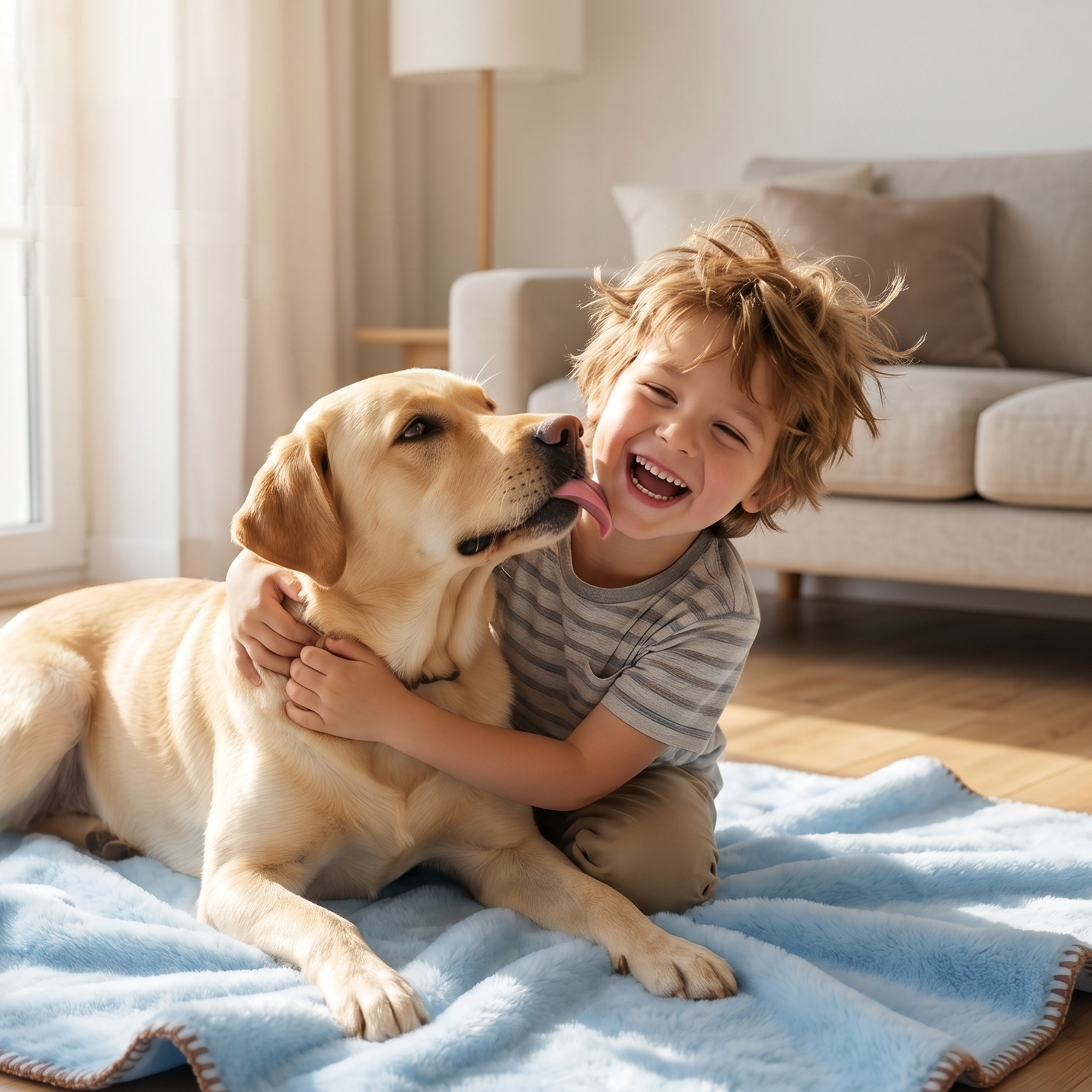 Child and dog sharing a blue blanket at home